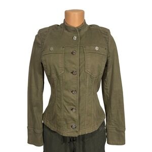 White House Black Market Olive Green Military Jacket Ruched Shoulder Size 6